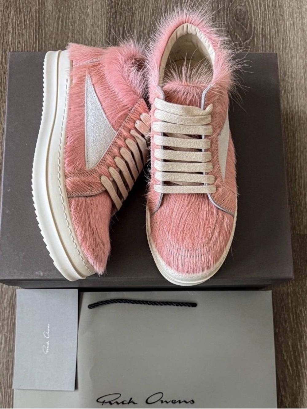 Rick Owens Pink Hair-On Leather Low-Top Sneakers with White Contrast